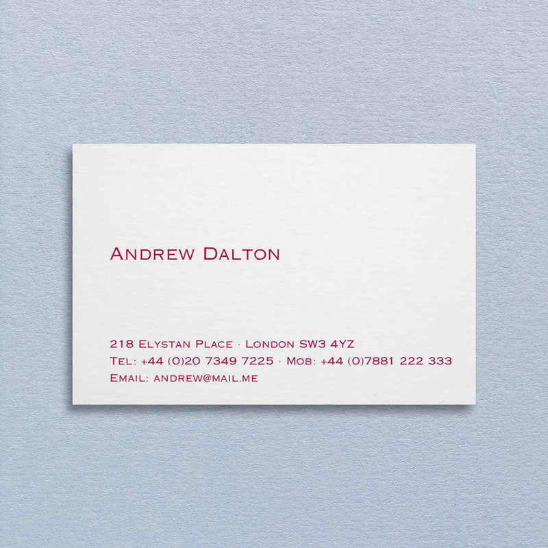 The Oxford visiting cards show your name and contact details left justified, printed in burgundy ink on a white card.
