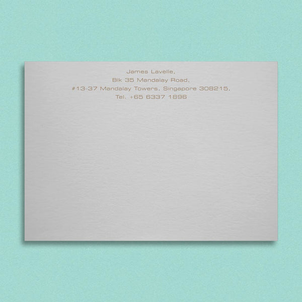 The Pembroke correspondence cards are engraved, using metallic inks, with your name and address on four lines centred at the head of the card.