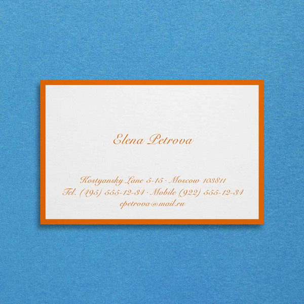 The Regent visiting card shows centred text printed in bright orange with matching border onto a pristine white 305gsm card.