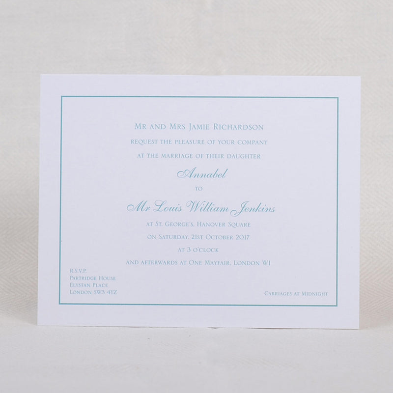 A face on image of the Savile wedding invitation, text and frame printed in aqua onto white card