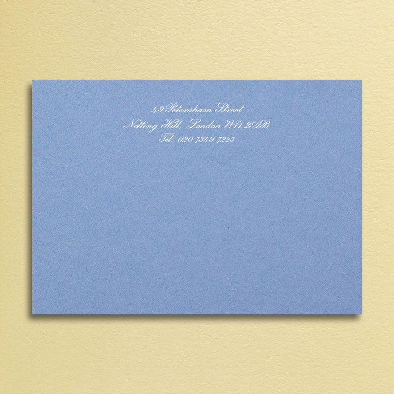 Printed in white onto a new blue card with your details centred at the head of the card