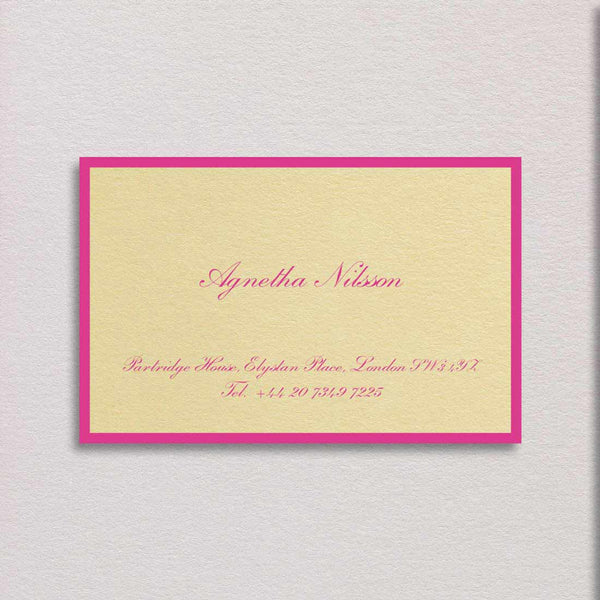 The Sloane visiting card is printed with a shocking pink border and text on a sorbet yellow card.