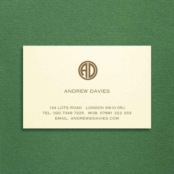In addition to your name the strand visiting card uses your initials at the head to form a contemporary monogram, printed in brown ink onto a cream card