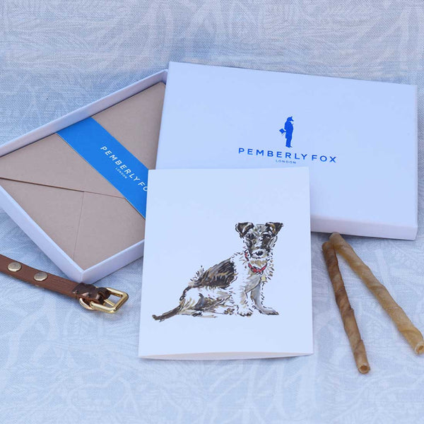 the terrier dog greeting cards with stone envelopes with white tissue lined paper sold in pemberly fox boxes