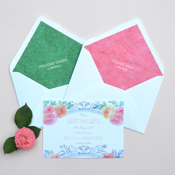 With an ornate frame with gloriously romantic roses the Walsingham Save the date card comes with 2 tissue lining choices
