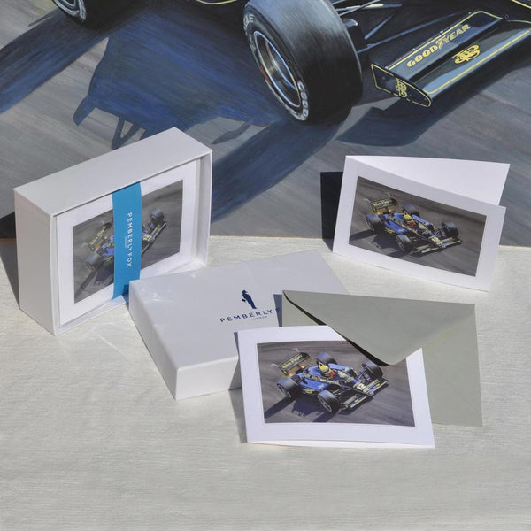 the Ayrton Senna F1 greeting cards are beautifully painted by Tony Regan. Sold with light grey envelopes in a Pemberly Fox branded box