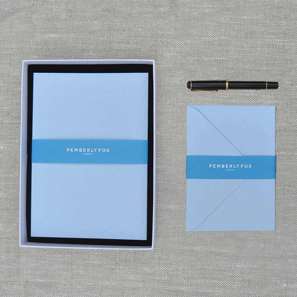 The azure blue a5 writing paper and envelopes, supplied in a branded Pemberly Fox box.