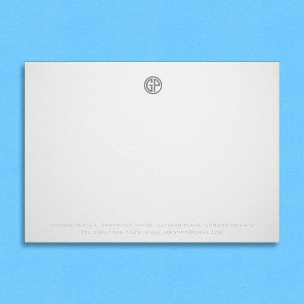 The Baron embossed note cards include a circle monogram and contact details at the foot in one colour