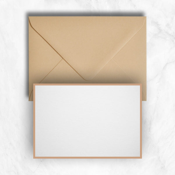 A soft and elegant shade of brown border frames this white card and is supplied with matching stone envelopes