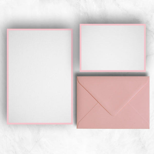 a5 writing paper and a6 note cards with light pink borders to complement the pink envelopes