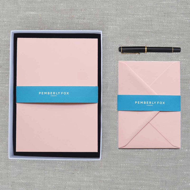 The candy pink a5 writing paper and envelopes, sold in a branded Pemberly Fox box.