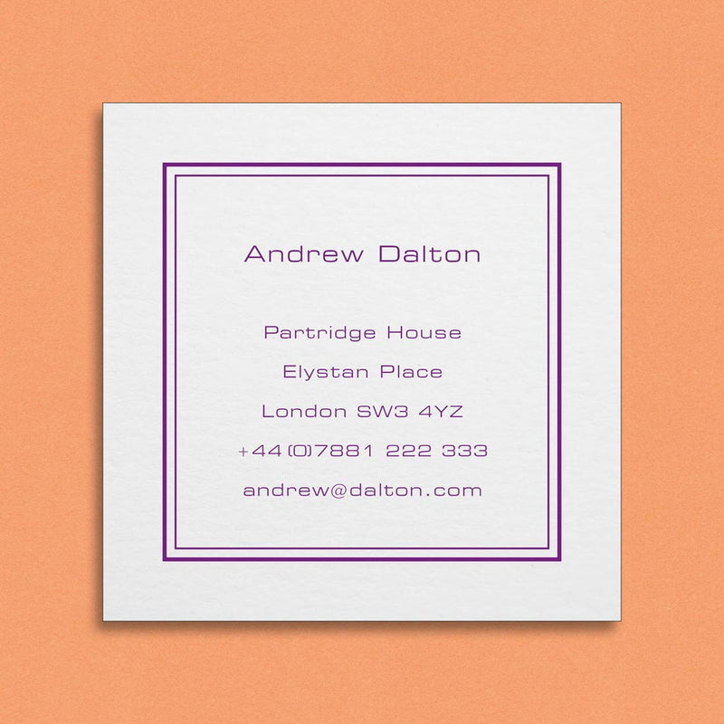 The Charters embossed business card is square cut with your name and contact details centred and framed by a double keyline border.