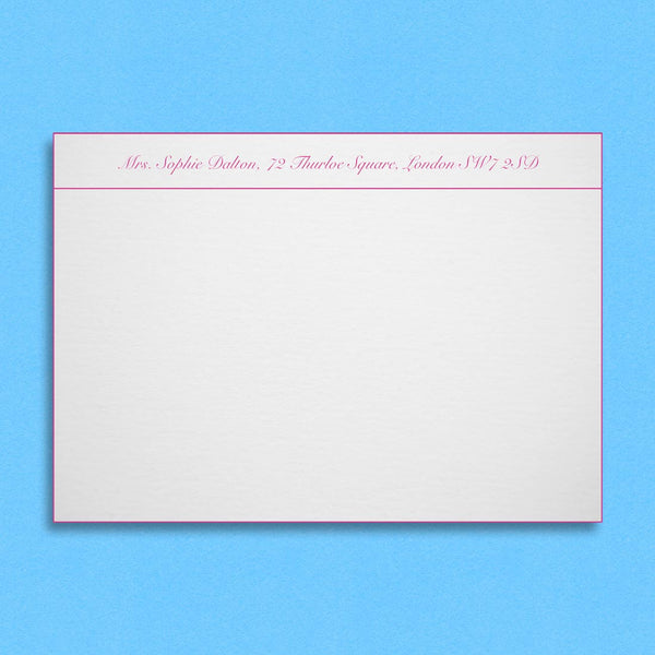 The Climpton embossed note cards show your address engraved on one line, with a separator line and matching coloured edges