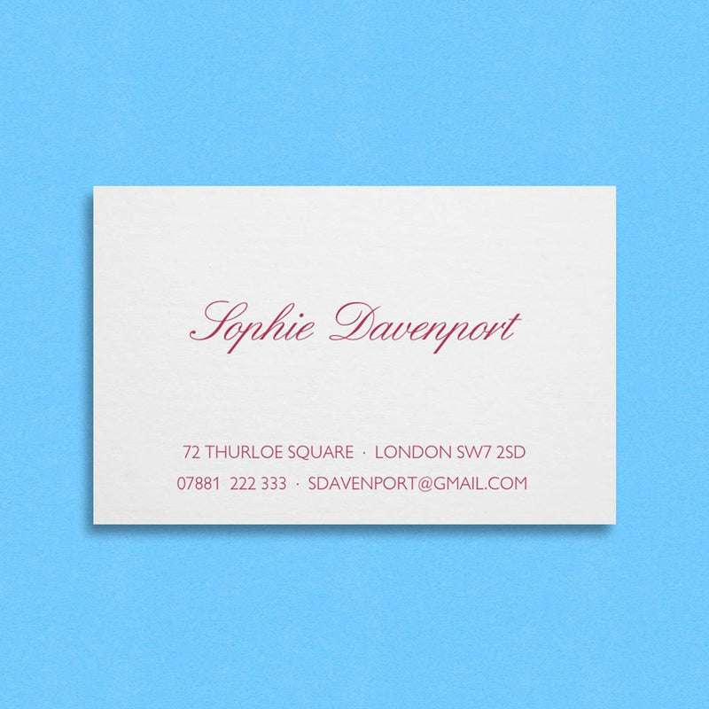 The Francesca business card shows a classic script font for your name and sans serif for your contact details below