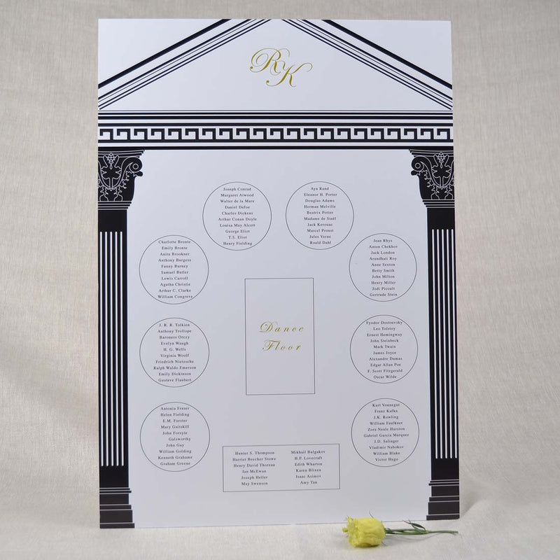 The Holkham table plan uses one of the main features of the venue structure as a frame, incorporating your monogram, with the room layout and tables listing guest names