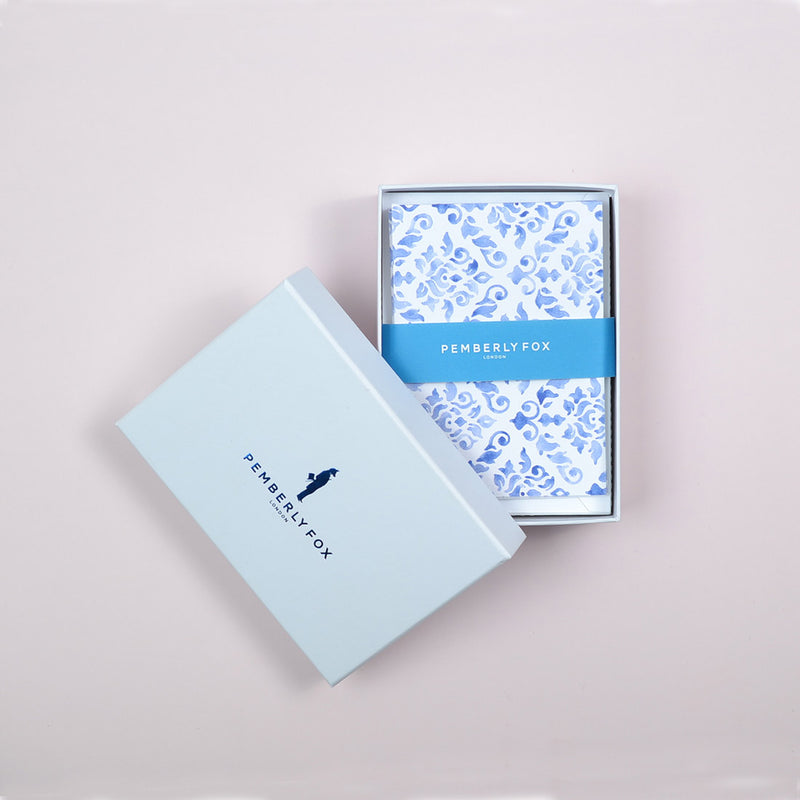the pastel blue damask pattern greeting cards sold in Pemberly Fox's branded boxes