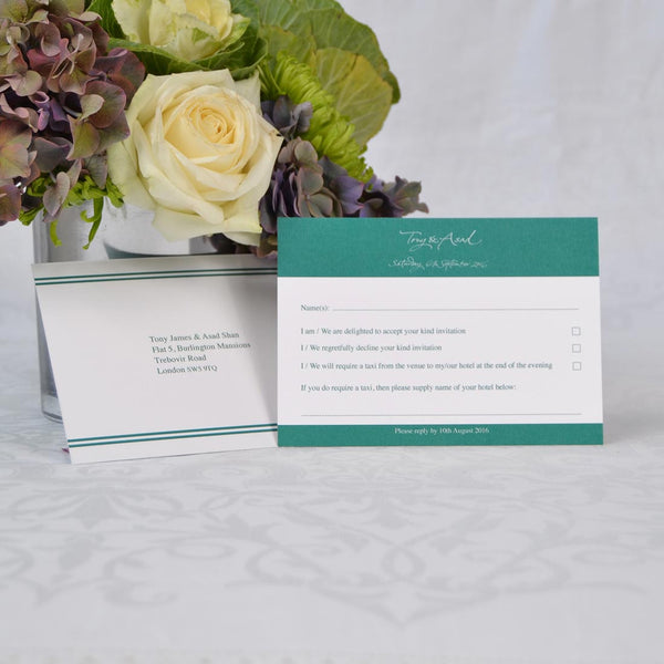The Portland Wedding RSVP Card is double sided, printed in dark green with your rsvp address on the reverse