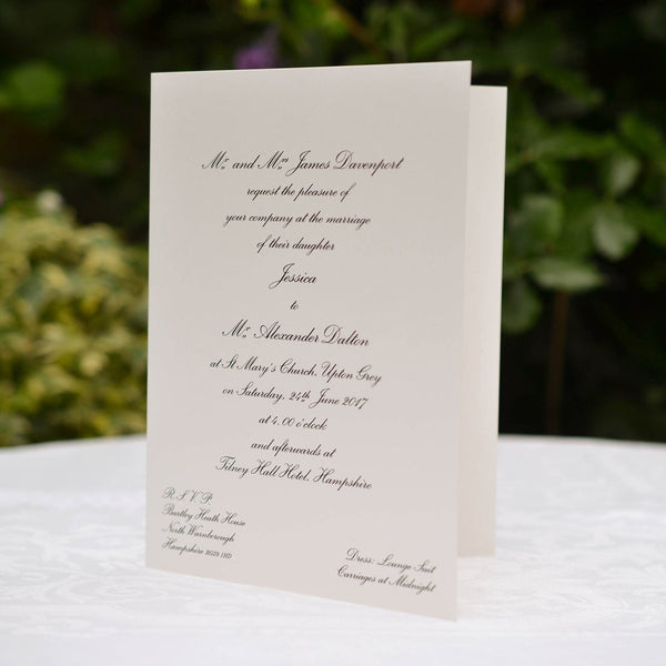 The Tilney wedding invitations are our most traditional with the text printed in onto the front of a folded off-white card