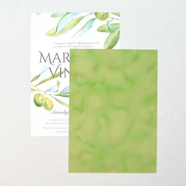 The Tivoli Wedding invitation has a solid olive wash printed on the reverse