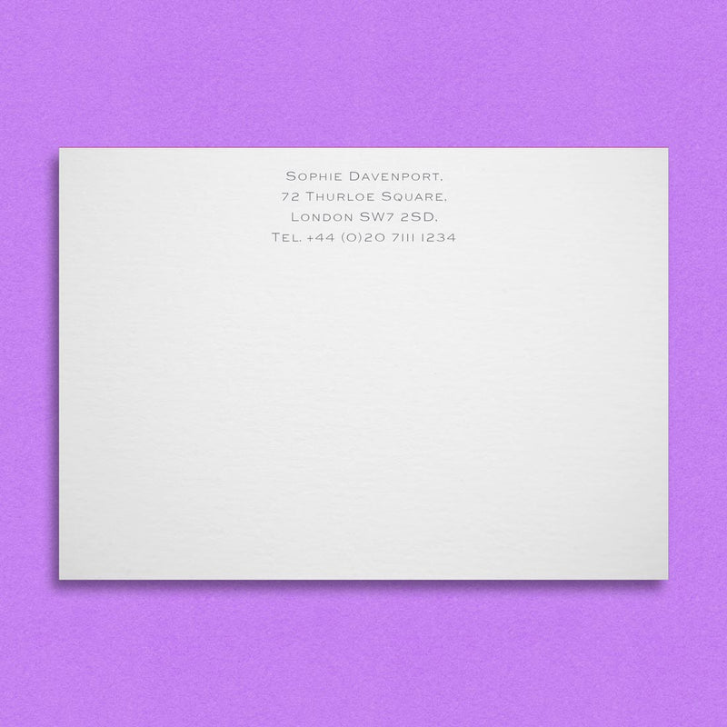 the weybridge embossed note cards show your name and address printed on four lines at the head of the card
