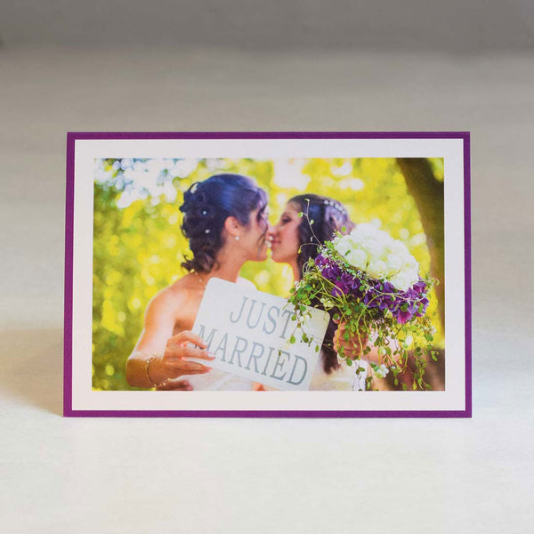 A wedding photo thank you card of two happy brides