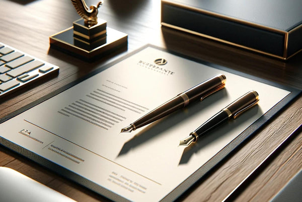 a business letter headed sheet on a desk with fountain pens, ready to be signed