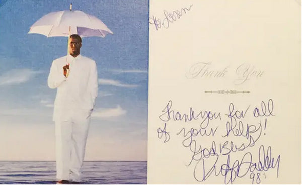 True to form P Diddy has a drawing of himself on the left with his hand writing on the right