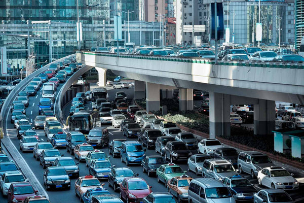 a multi level traffic jam which is stationary traffic as opposed to being stationery
