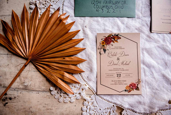Rose gold foiled wedding invitation size