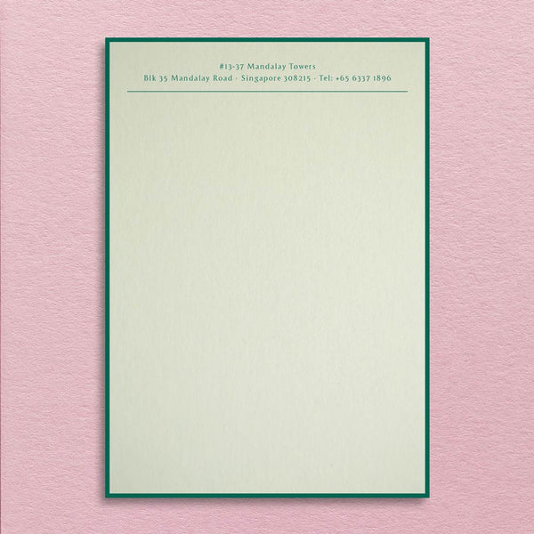 The Albermarle letterhead shows off dark green text on a light green card and finished matching green border.