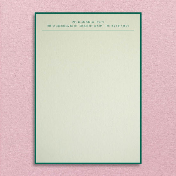 The Albermarle letterhead shows off dark green text on a light green card and finished matching green border.