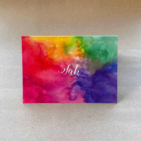 Folded cards with a bold coloured wash on the front cover with swedish language 'thank you'. Sold in packs of 6 with matching white envelopes.