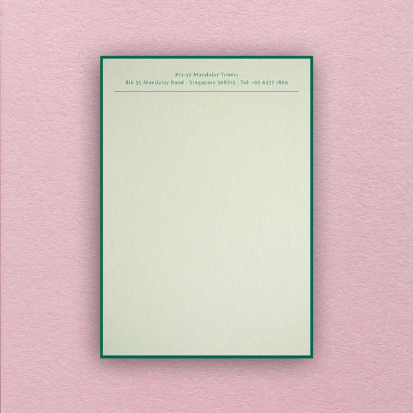 The Albermarle writing paper shows off dark green text on a light green card and finished matching green border.