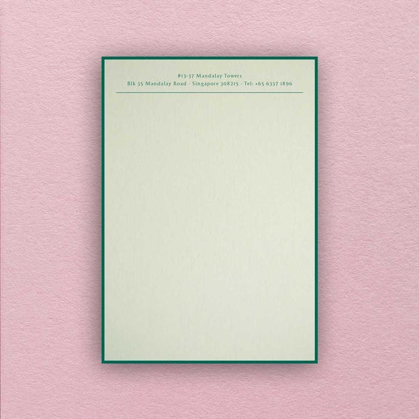The Albermarle writing paper shows off dark green text on a light green card and finished matching green border.