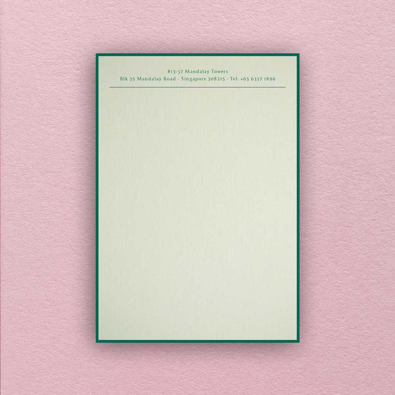 The Albermarle writing paper shows off dark green text on a light green card and finished matching green border.