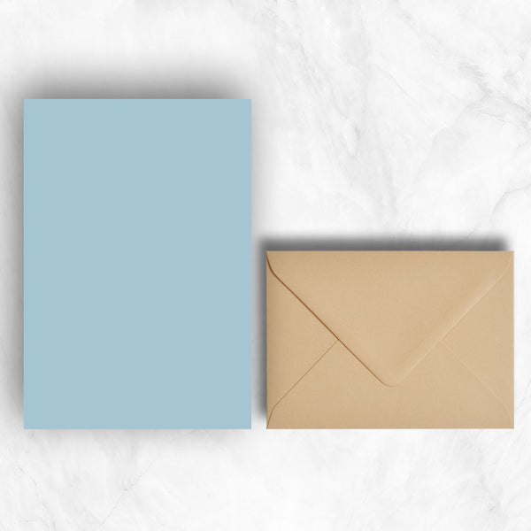 Plain lightly textured azure blue a5 writing sheets teamed with a warm light brown stone envelopes
