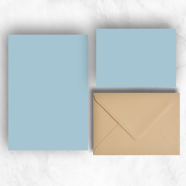 Plain lightly textured azure blue a6 cards and a5 writing sheets teamed with stone brown envelopes