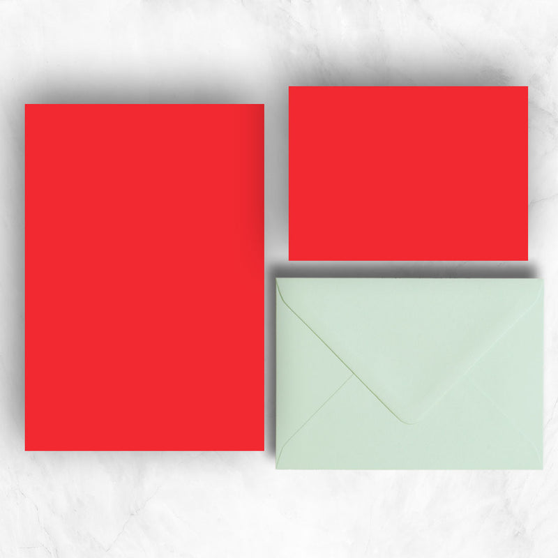 Bright Red A5 Sheets and A6 Note cards paired with soft powder green envelopes