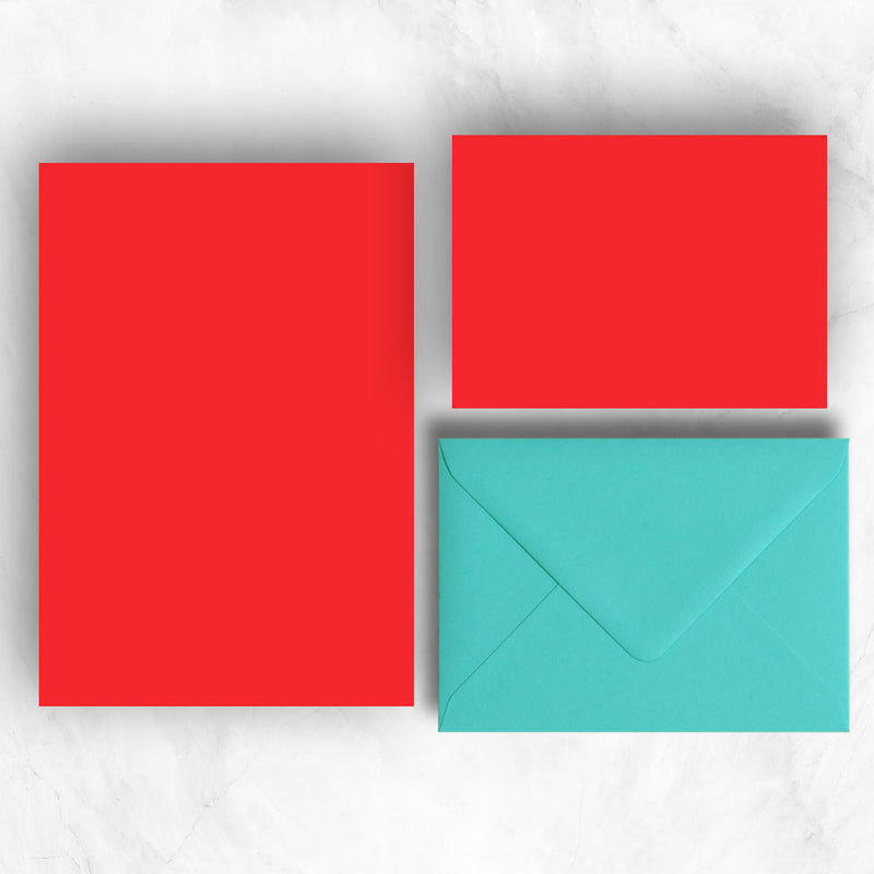 Bright Red A5 Sheets and A6 Note cards paired with soft light and bright turquoise envelopes