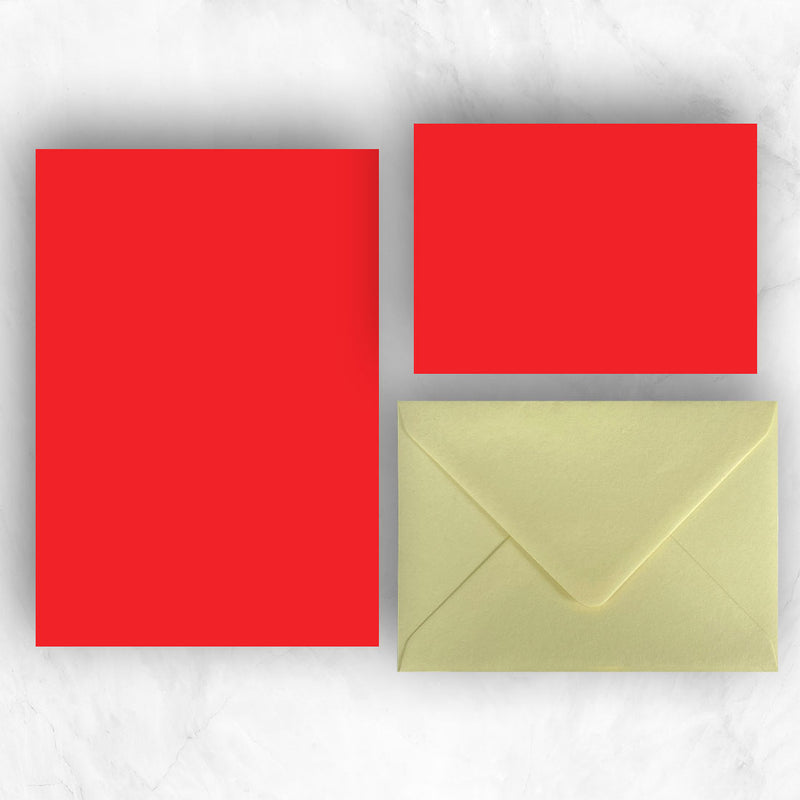 Bright Red A5 Sheets and A6 Note cards paired with soft light and bright yellow envelopes