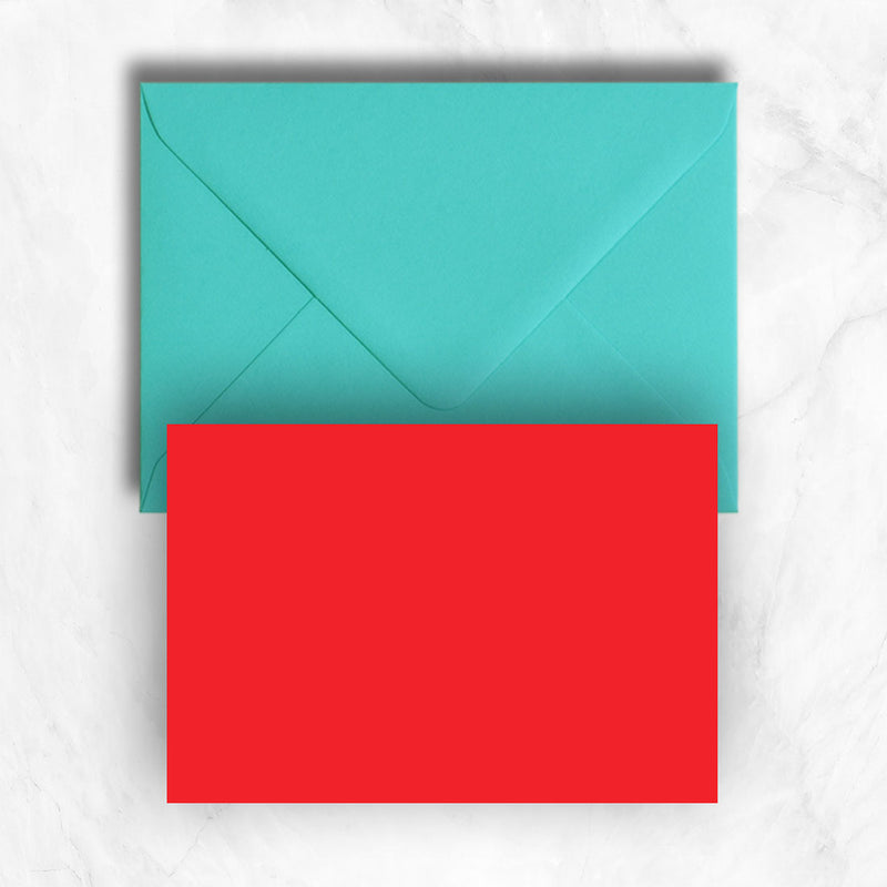 Plain lightly textured bright red a6 cards teamed with bright turquoise envelopes