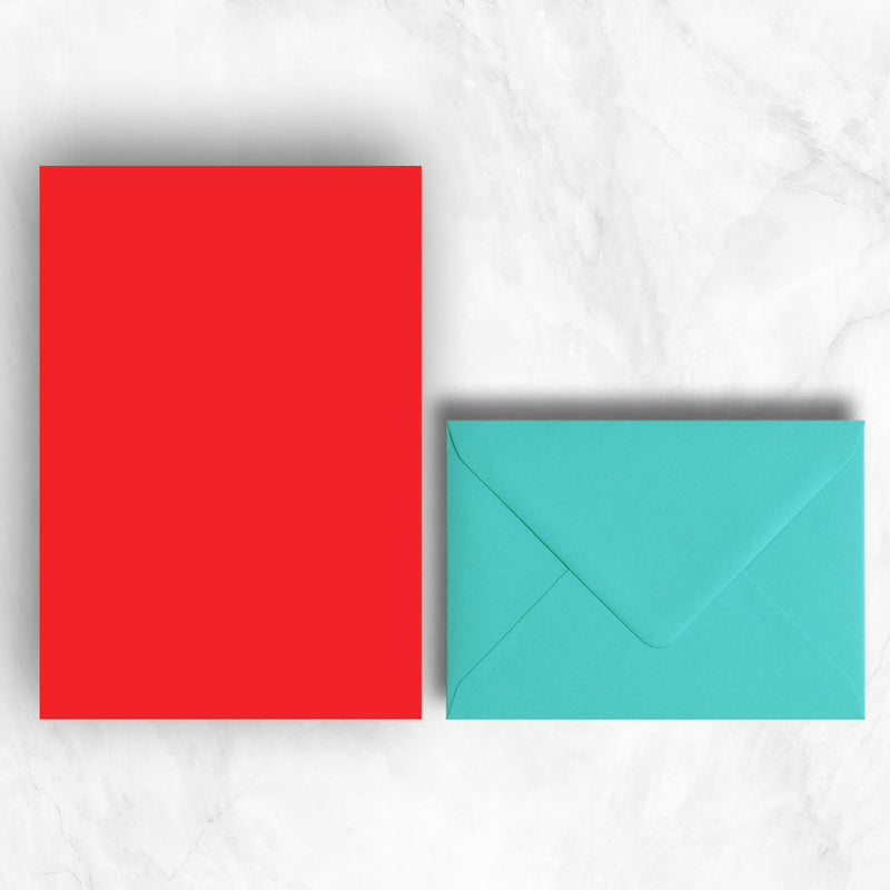 Plain lightly textured red a5 writing sheets teamed with glorious turquoise envelopes