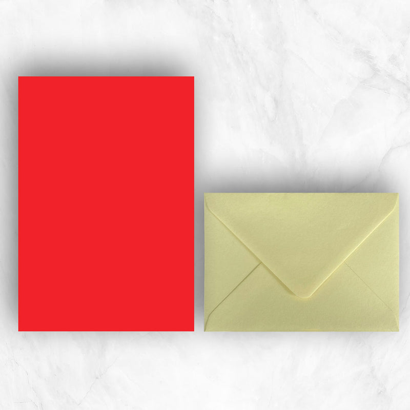 Plain lightly textured red a5 writing sheets teamed with sunny yellow envelopes