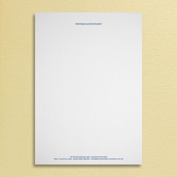 The Haymarket Letterhead has been printed in dark blue ink onto a white sheet of Colorplan Pristine White paper. It shows the personalised name at the head and the contact details on two lines at the foot.