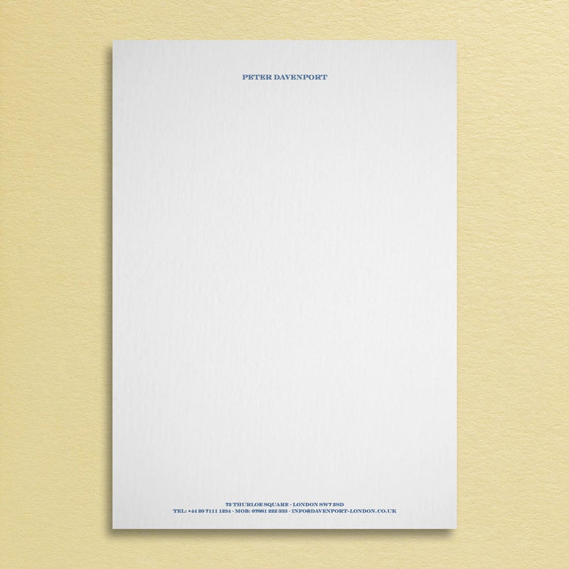 The Haymarket Letterhead has been printed in dark blue ink onto a white sheet of Colorplan Pristine White paper. It shows the personalised name at the head and the contact details on two lines at the foot.