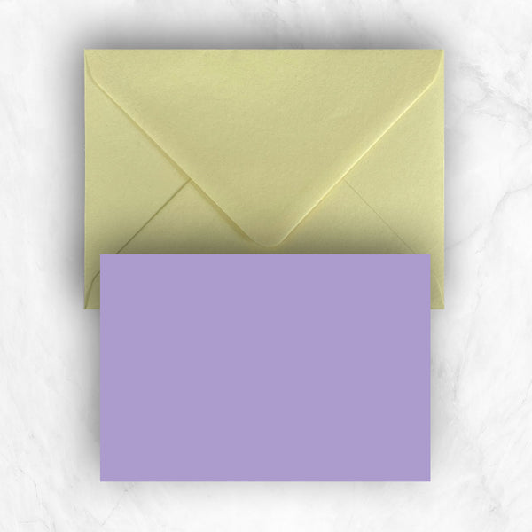 Plain lightly textured lavender a6 cards teamed with bright yellow envelopes