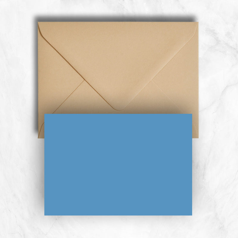 Plain lightly textured new blue a6 cards teamed with light brown or stone envelopes