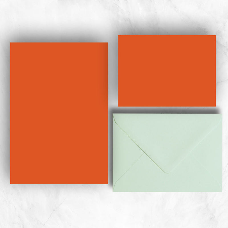 Orange A5 Sheets and A6 Note cards paired with contrasting powder green envelopes