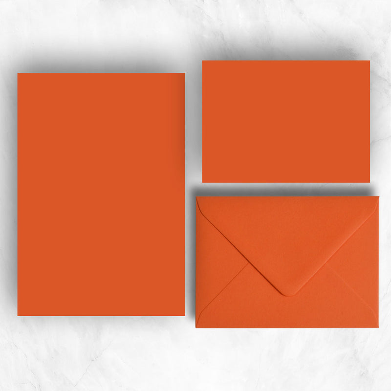 Orange a5 writing paper and a6 note cards with matching envelopes