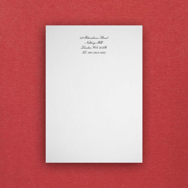 the petersham writing paper is shown on a white A5 sheet with address and phone number in a script font at the head